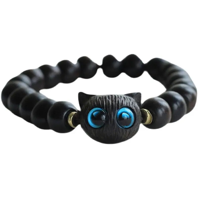 Ebony Wood & Green Sandalwood Peace Bracelet - Cute Cat