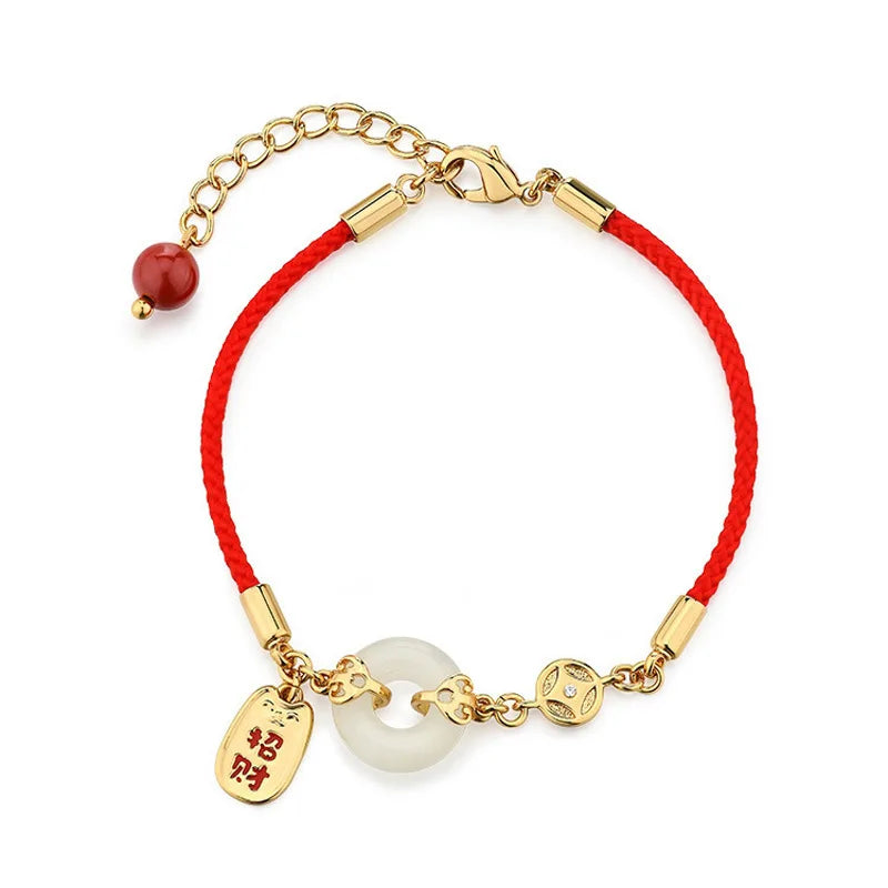 White Jade Peace Buckle Red Rope Bracelet - Attract Luck