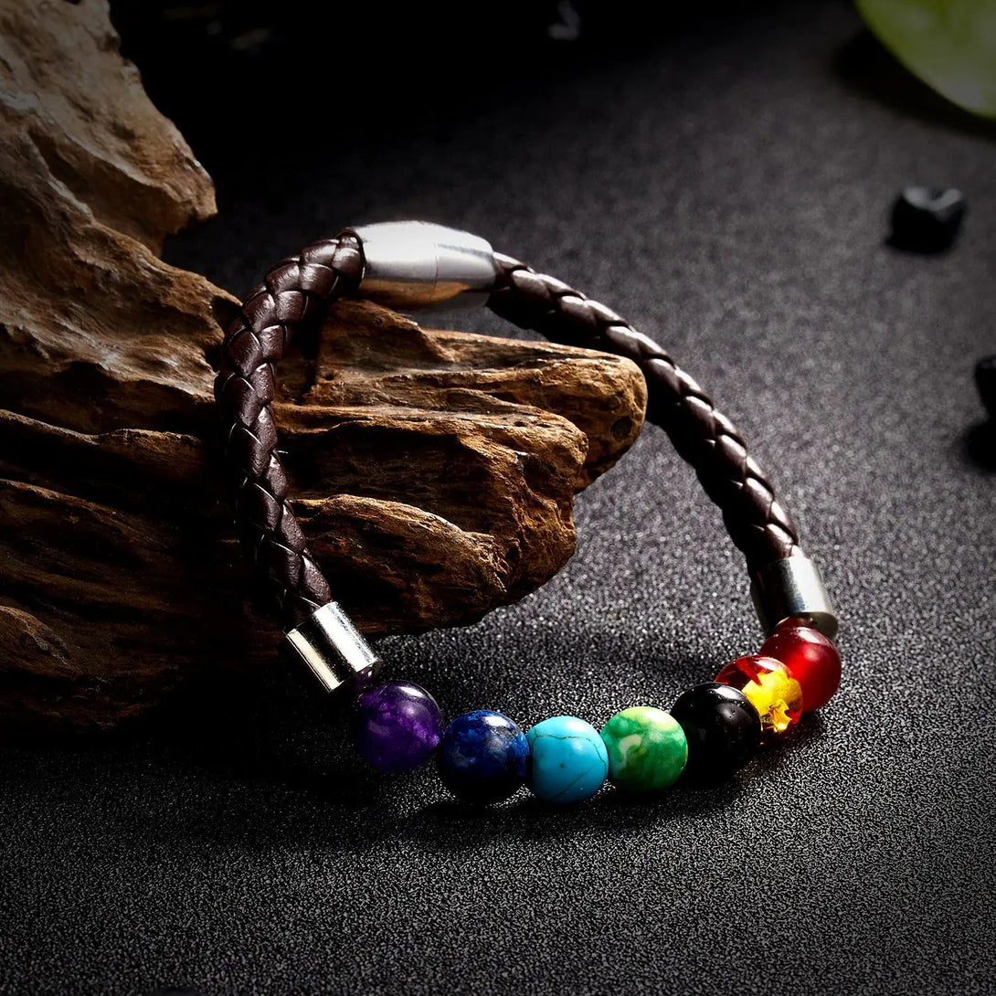 7 Chakra Bracelet – Leather Rope & Natural Stones for Healing Karma & Renewal