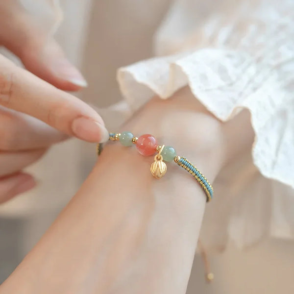 Natural Red Agate Gold Plated Lotus Flower Bracelet