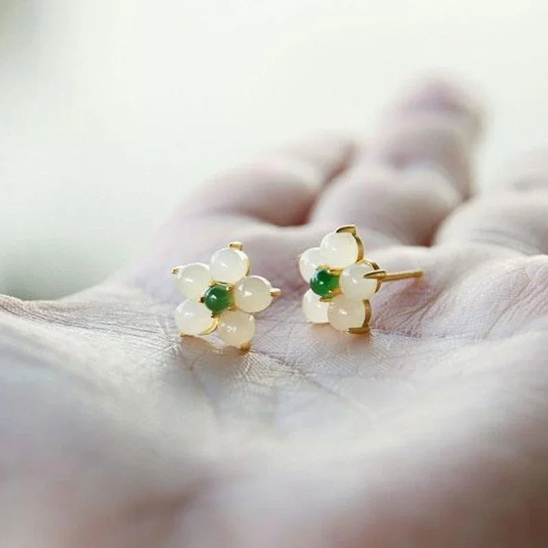 White Jade Flower Blessing Stud Earrings - Hypoallergenic Stud Earrings