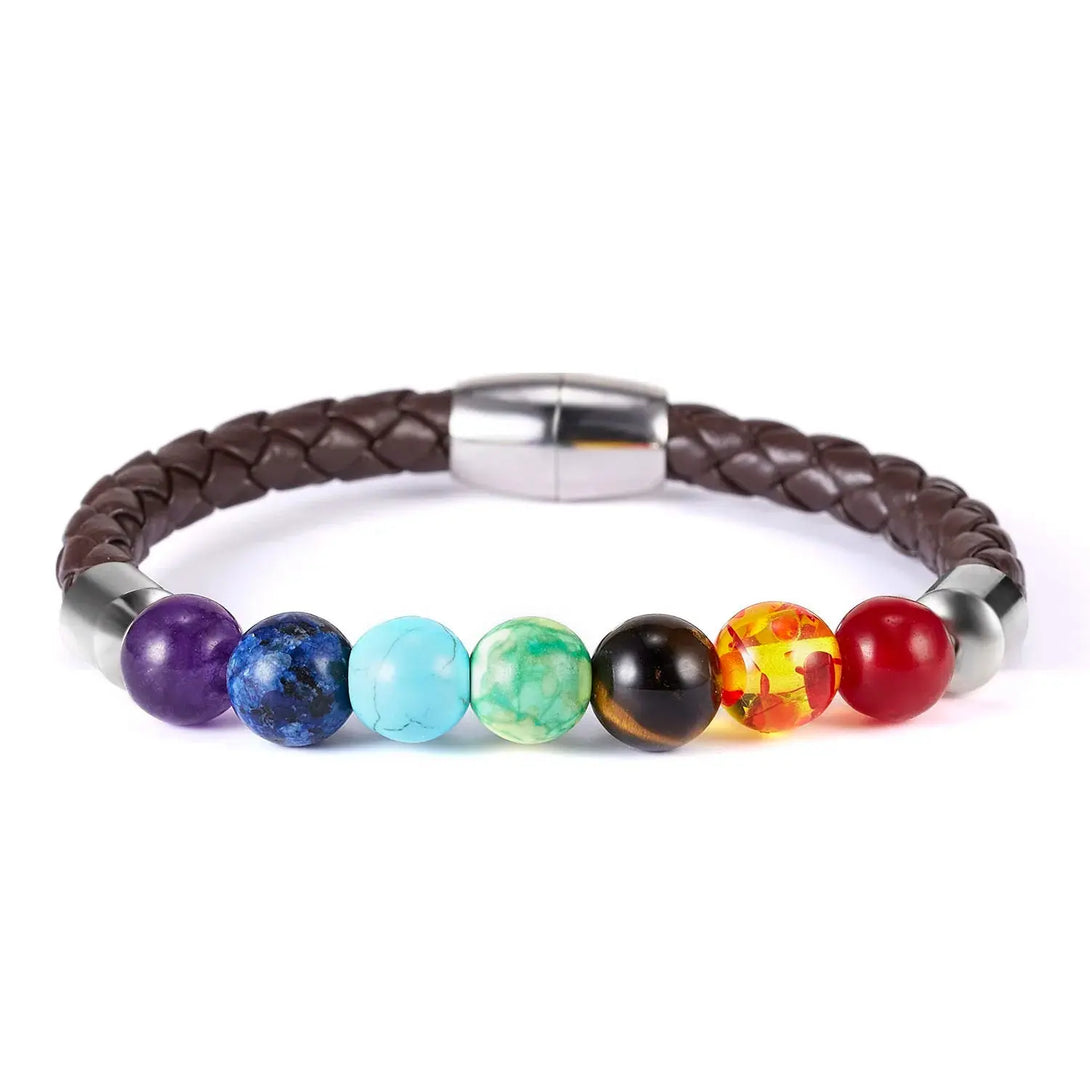 7 Chakra Bracelet – Leather Rope & Natural Stones for Healing Karma & Renewal