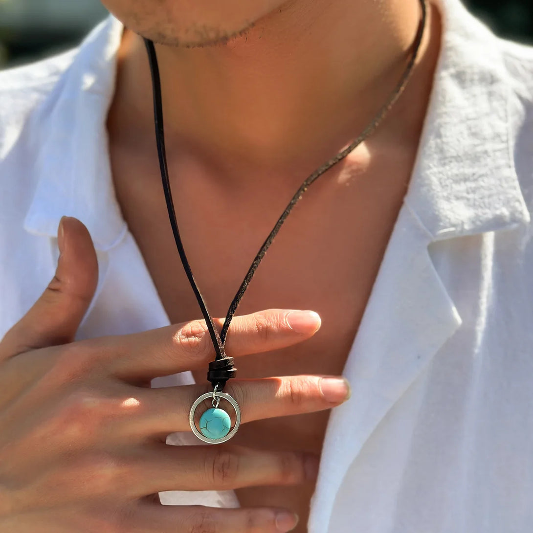 Vintage Leather Turquoise Stone Pendant Necklace