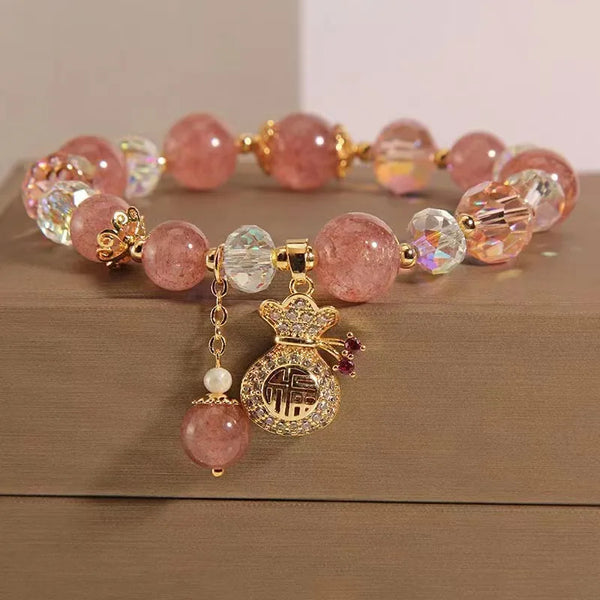 Pink Rose Quartz Money Bag Pendant Bracelet