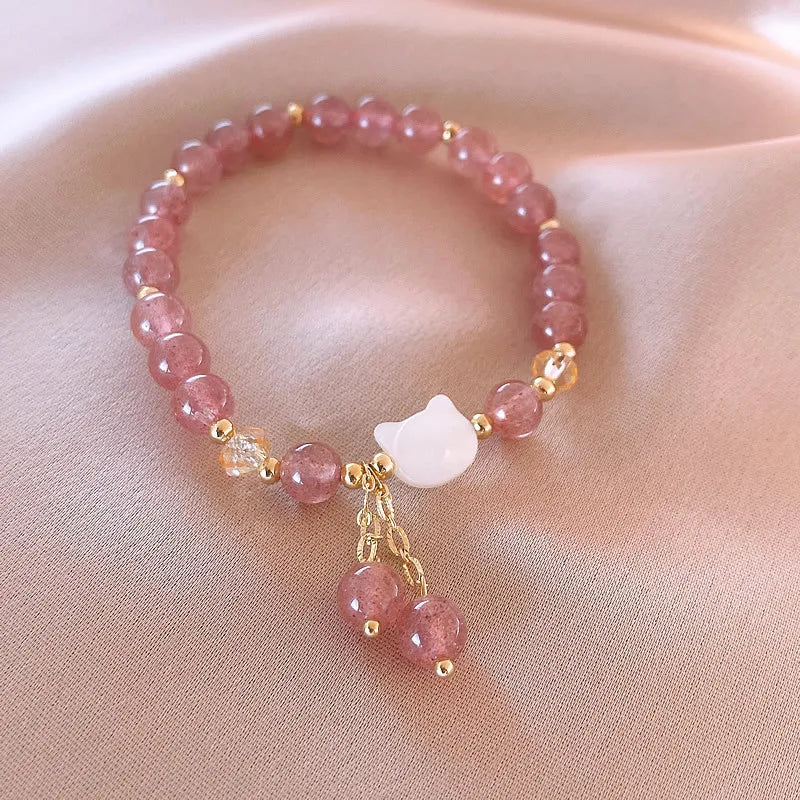 Natural Strawberry Quartz White Jade Cute Cat Bracelet