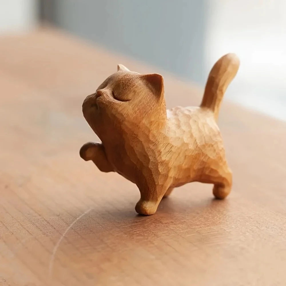 Mini Hand Carved Wooden Cute Cat - Prosperity Decoration