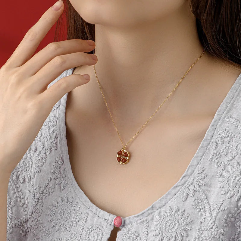 White Jade & Red Agate Four Leaf Clover Necklace Pendant