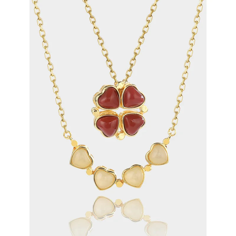 White Jade & Red Agate Four Leaf Clover Necklace Pendant