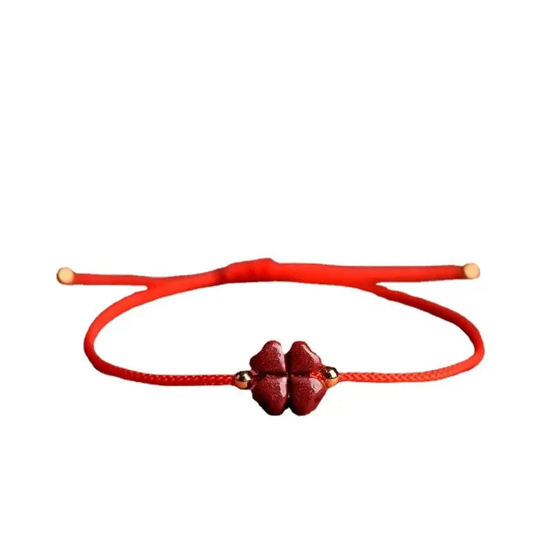 Red Cinnabar Lucky Four Leaf Clover Bracelet