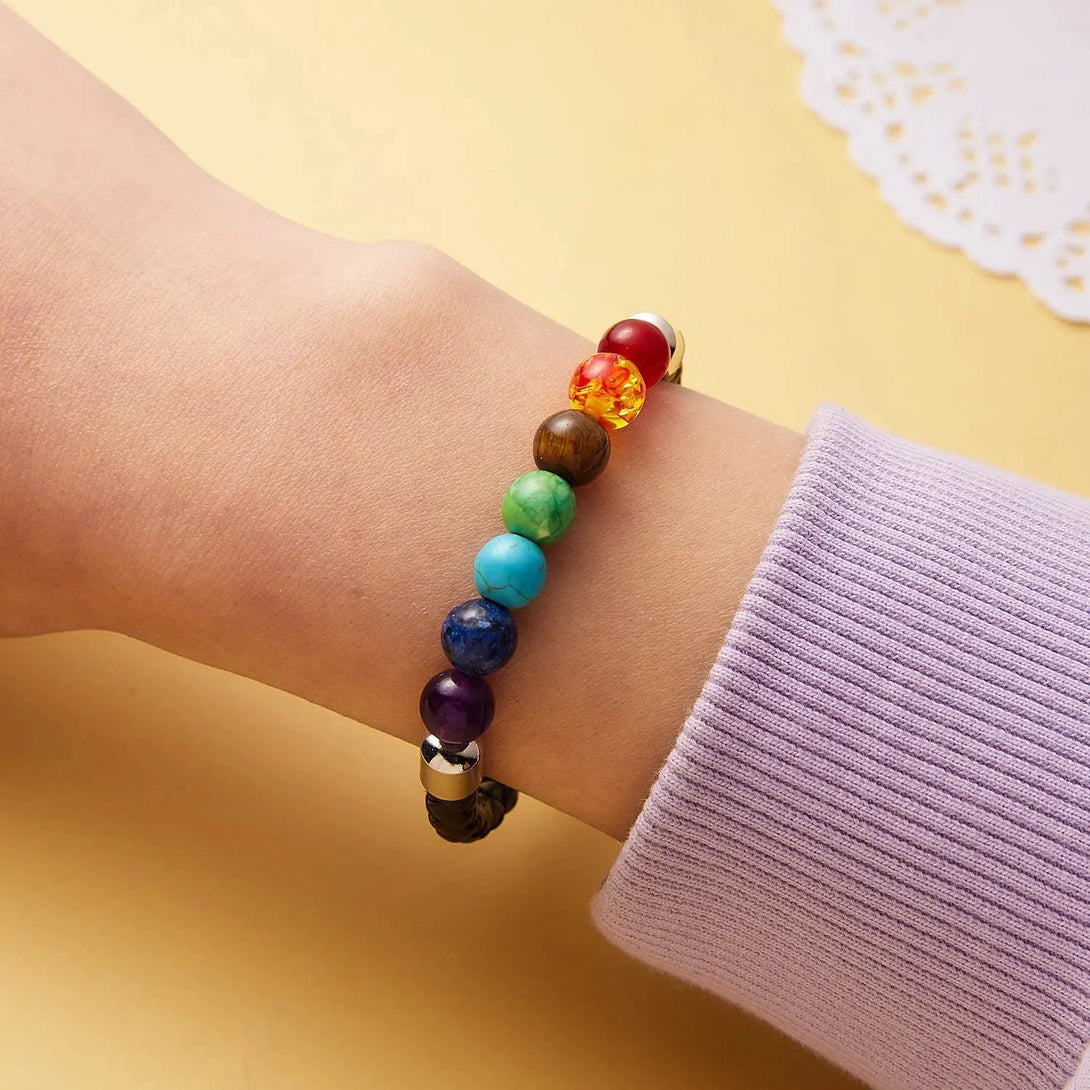 7 Chakra Bracelet – Leather Rope & Natural Stones for Healing Karma & Renewal