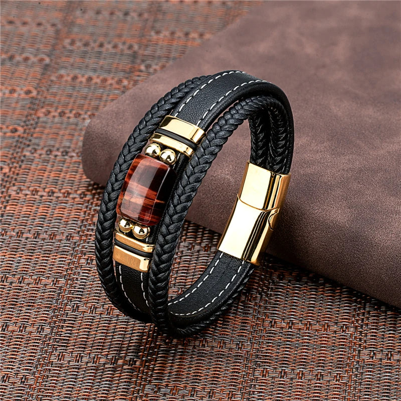 Buckle Multilayered Leather Tiger Eye Bracelet