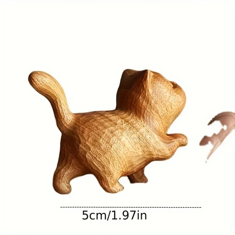 Mini Hand Carved Wooden Cute Cat - Prosperity Decoration