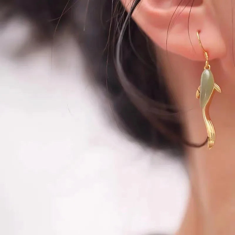 Light Green Jade Koi Fish Earrings - Good Luck