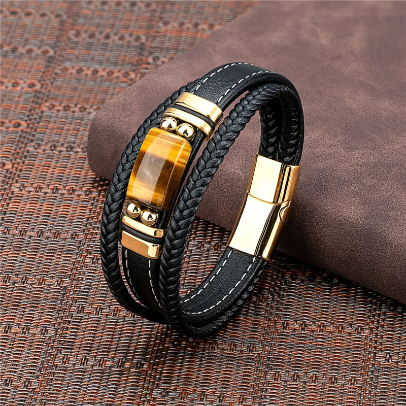 Buckle Multilayered Leather Tiger Eye Bracelet