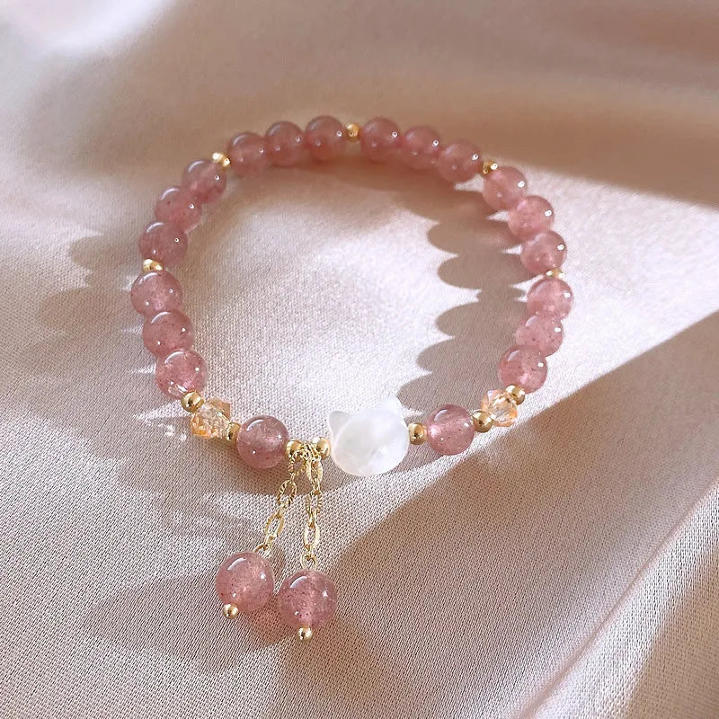 Natural Strawberry Quartz White Jade Cute Cat Bracelet