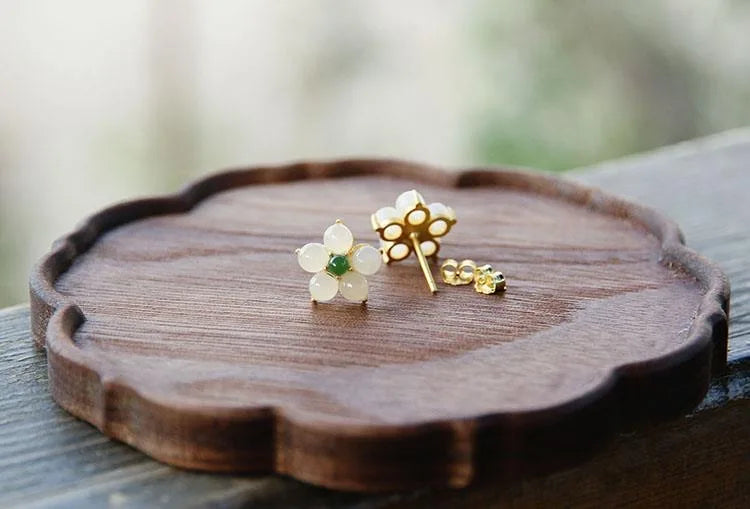 White Jade Flower Blessing Stud Earrings - Hypoallergenic Stud Earrings