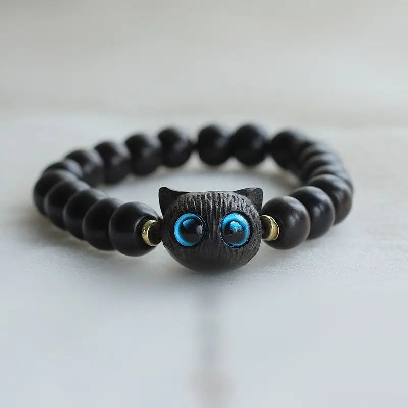 Ebony Wood & Green Sandalwood Peace Bracelet - Cute Cat