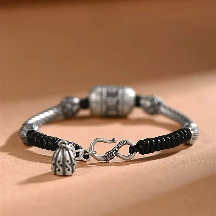 Tibetan Silver Color Lotus Flower Braided Bracelet - Six Character