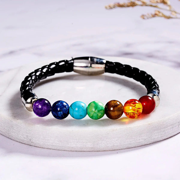 7 Chakra Bracelet – Leather Rope & Natural Stones for Healing Karma & Renewal