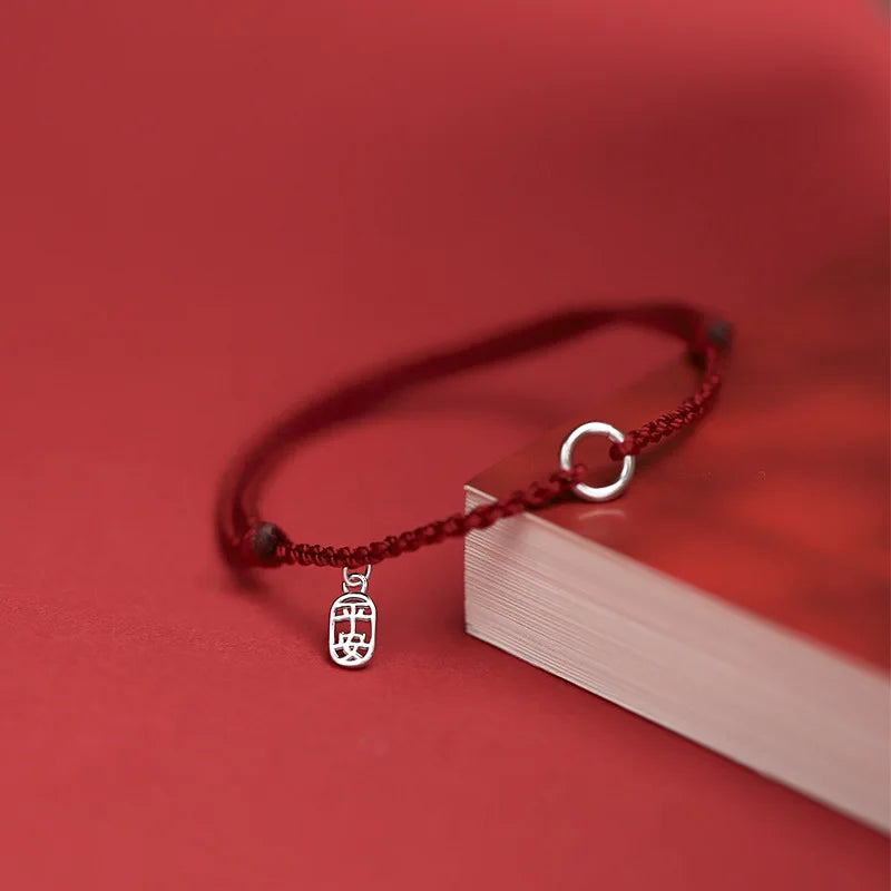 925 Sterling Silver Peace Buckle Red Rope Bracelet