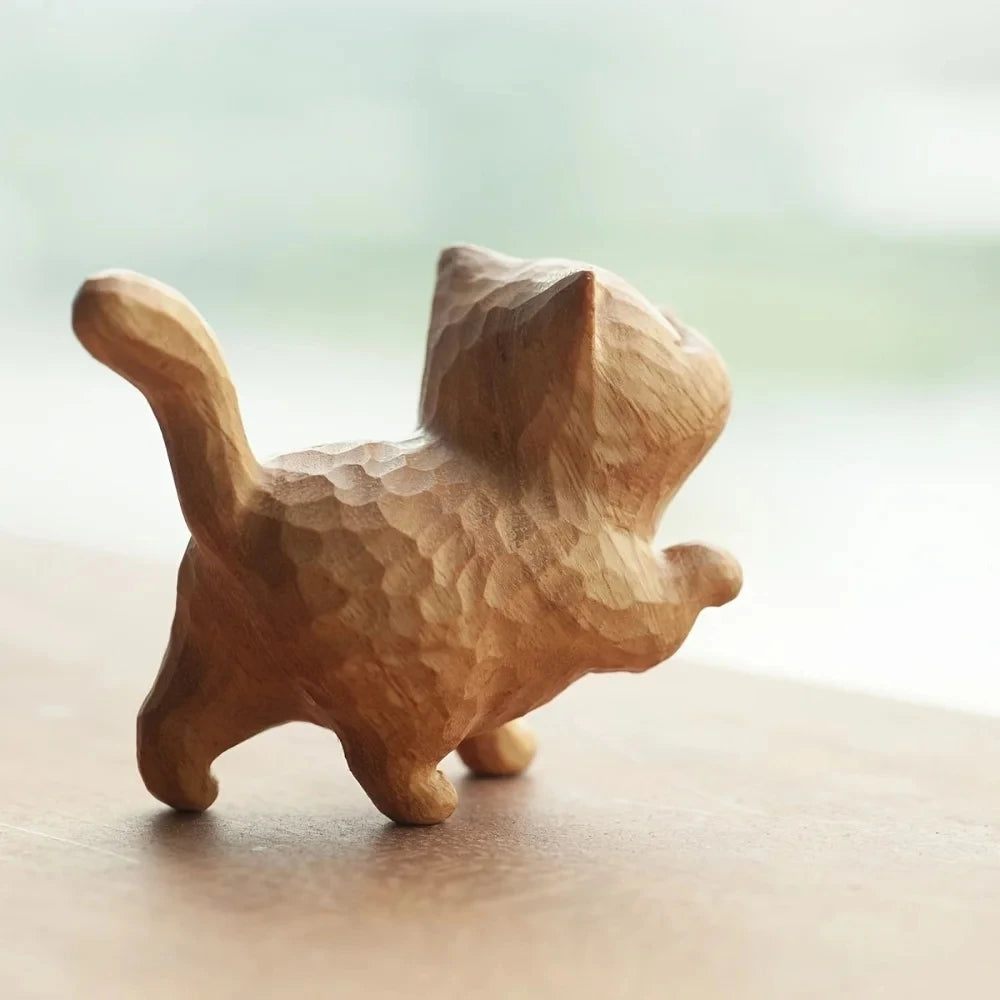 Mini Hand Carved Wooden Cute Cat - Prosperity Decoration