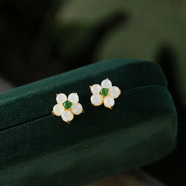 White Jade Flower Blessing Stud Earrings - Hypoallergenic Stud Earrings