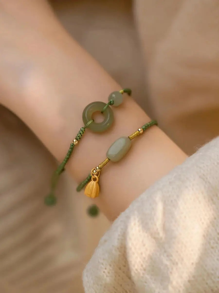 Lotus Flower Green Jade Safety Buckle Bracelet