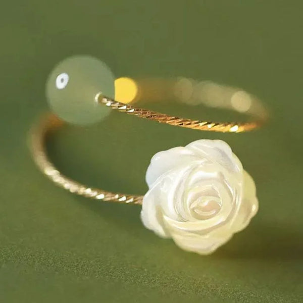 Green Jade White Rose Flower Blessing Ring