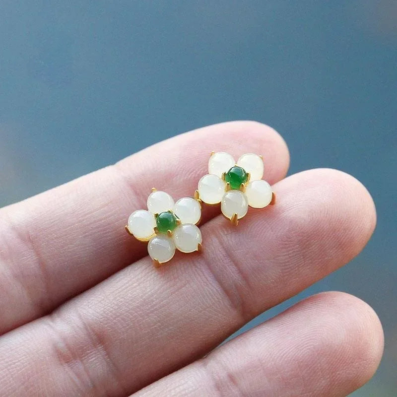 White Jade Flower Blessing Stud Earrings - Hypoallergenic Stud Earrings