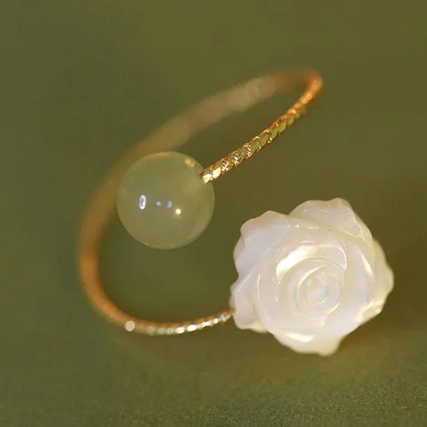 Green Jade White Rose Flower Blessing Ring