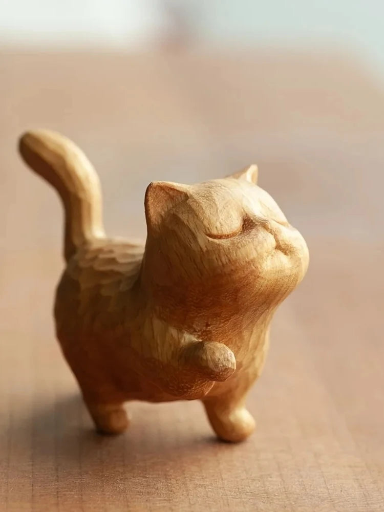 Mini Hand Carved Wooden Cute Cat - Prosperity Decoration