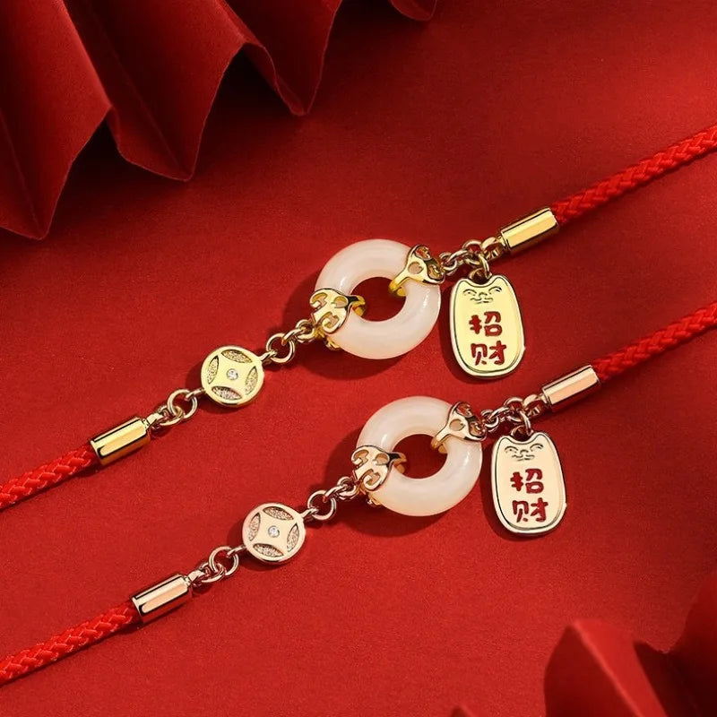 White Jade Peace Buckle Red Rope Bracelet - Attract Luck