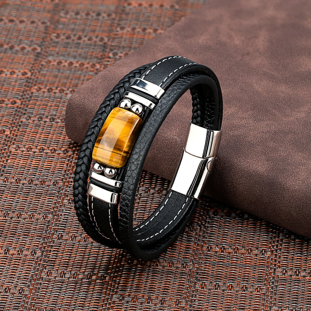 Buckle Multilayered Leather Tiger Eye Bracelet