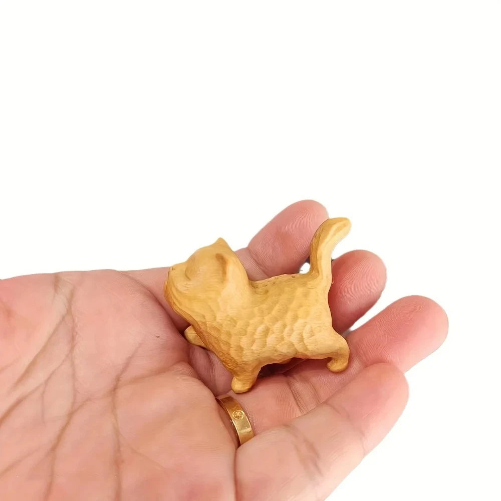 Mini Hand Carved Wooden Cute Cat - Prosperity Decoration