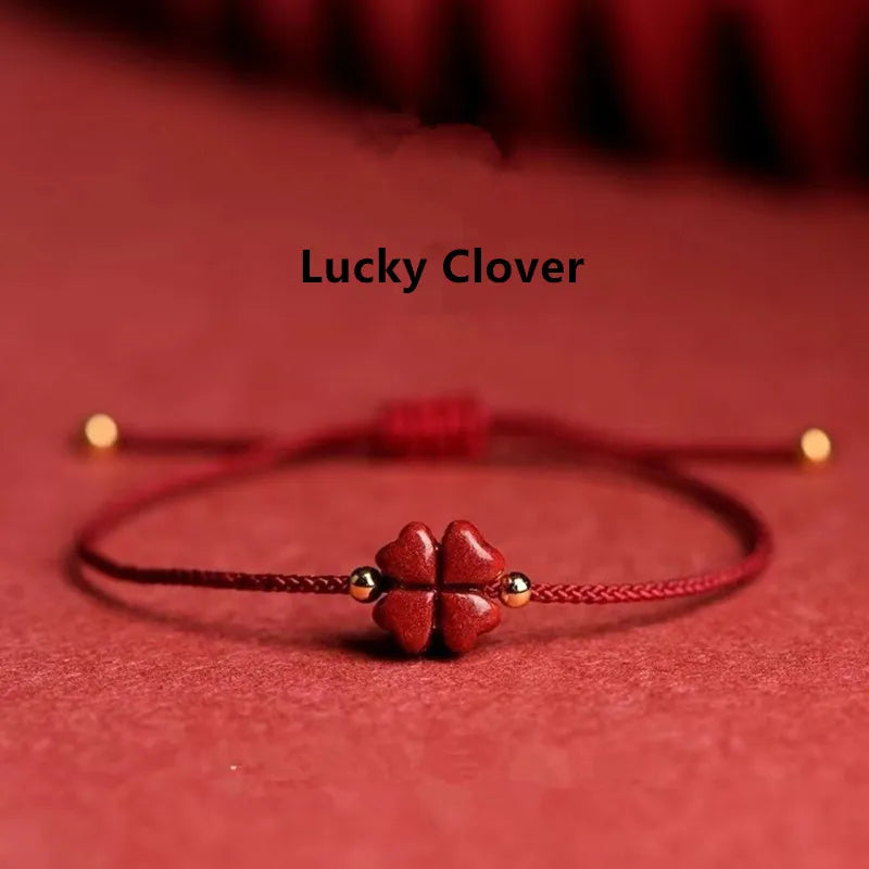 Red Cinnabar Lucky Four Leaf Clover Bracelet