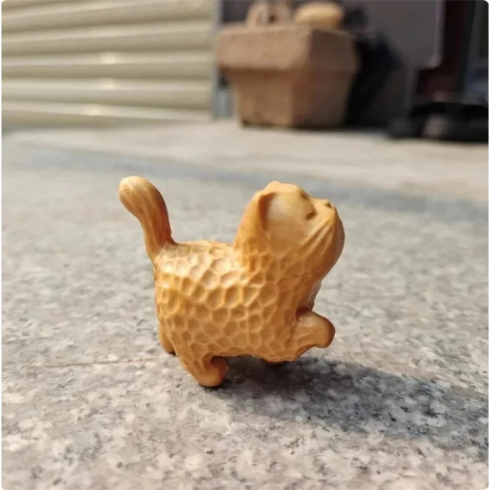 Mini Hand Carved Wooden Cute Cat - Prosperity Decoration