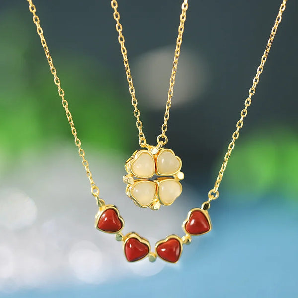 White Jade & Red Agate Four Leaf Clover Necklace Pendant