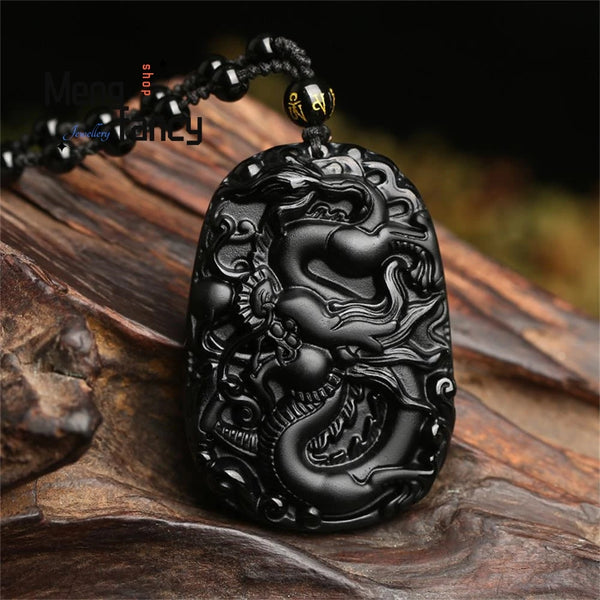 Natural Black Obsidian Dragon Pendant Necklace