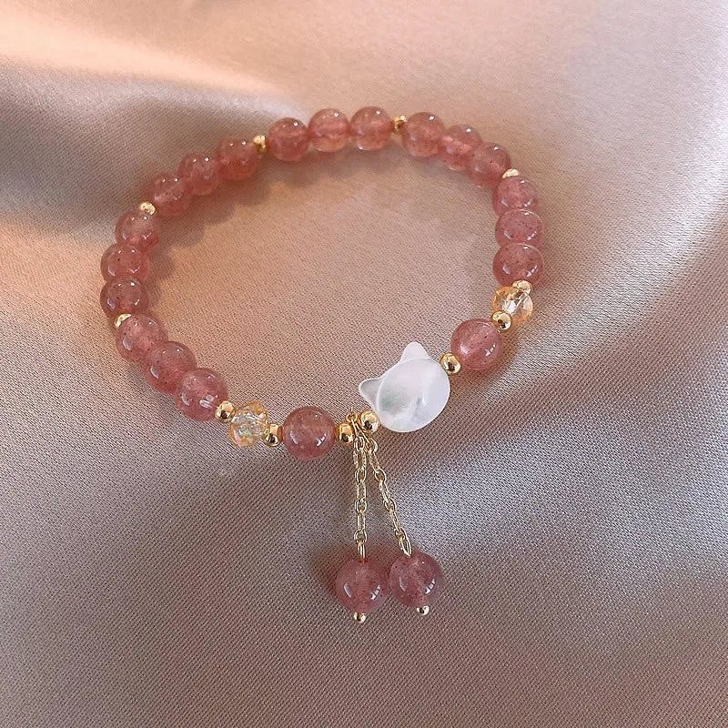 Natural Strawberry Quartz White Jade Cute Cat Bracelet