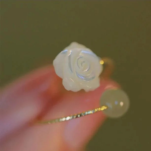 Green Jade White Rose Flower Blessing Ring