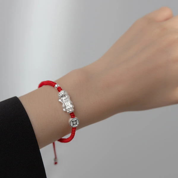 Red Rope Silver Pixiu Bracelet - Adjustable