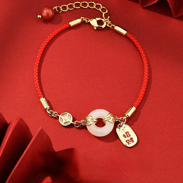 White Jade Peace Buckle Red Rope Bracelet - Attract Luck