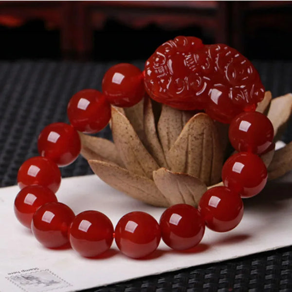 Natural Red Agate Beads Pixiu Bracelet - Protection & Wealth