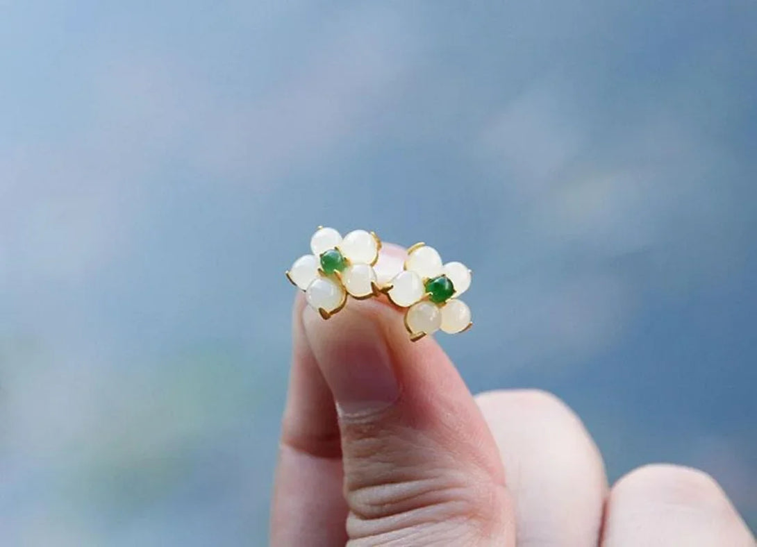 White Jade Flower Blessing Stud Earrings - Hypoallergenic Stud Earrings