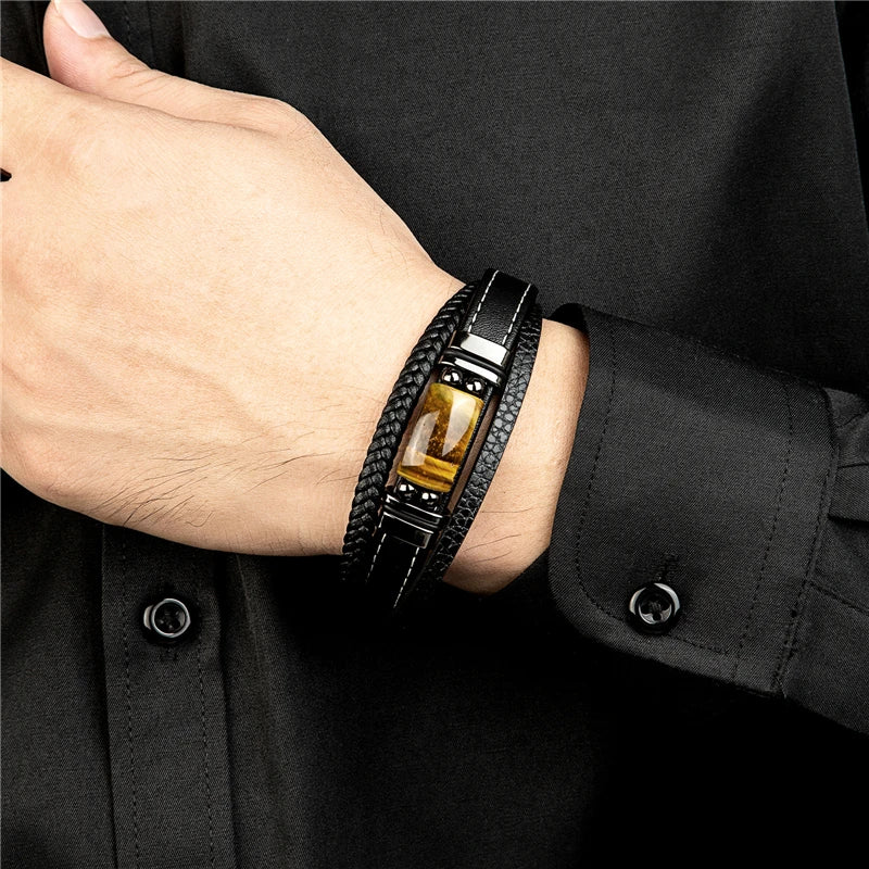 Buckle Multilayered Leather Tiger Eye Bracelet