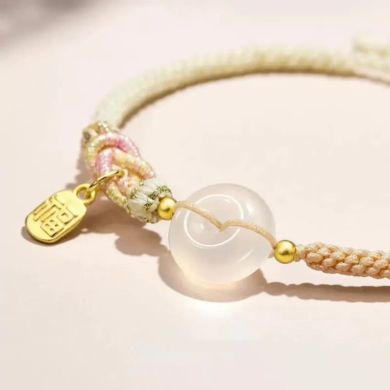 White Jade Donut Pendant Bracelet - Burmese Jade