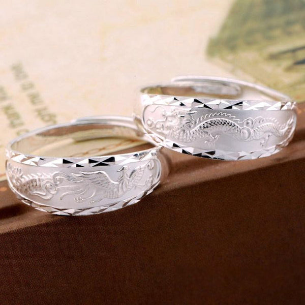 Bright Silver Dragon Phoenix Rings - Wedding Bands