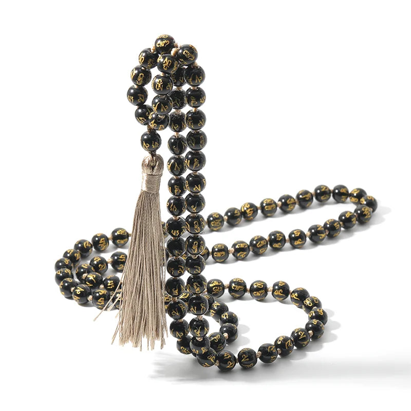 Tibetan Mantra Obsidian Mala Beaded Necklace - Meditation Yoga