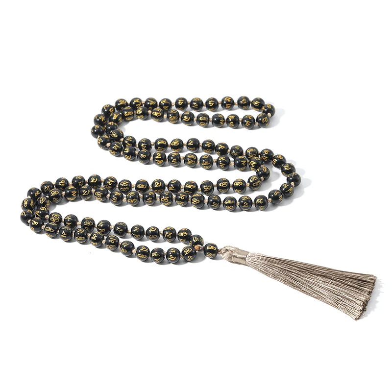 Tibetan Mantra Obsidian Mala Beaded Necklace - Meditation Yoga