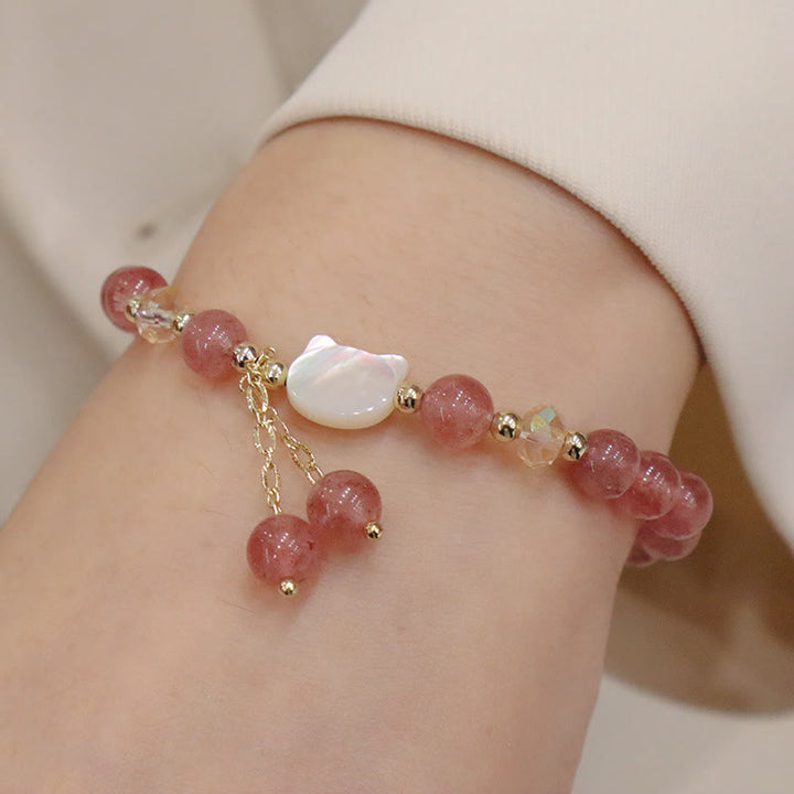 Natural Strawberry Quartz White Jade Cute Cat Bracelet